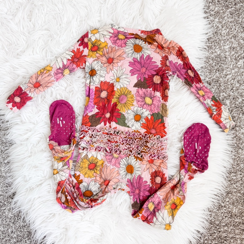 Posh Peanut | “Della” Floral Print Footie Ruffled Zippered One Piece - Picture 8 of 8